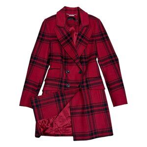 KAREN MILLEN Wool Cashmere Plaid Red Winter Long Trench Pea Coat Womens 4 NWOT